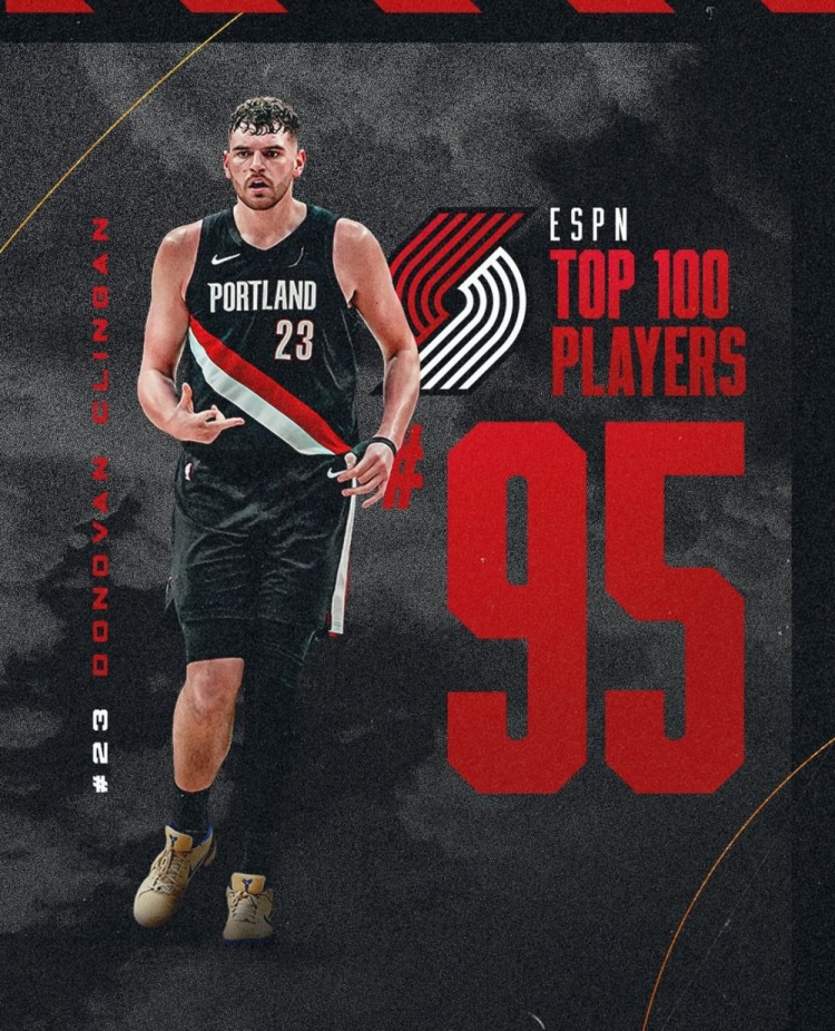 开拓者晒队内ESPN前100球员:克林根95 莫兰特77 利拉德69 阿福27