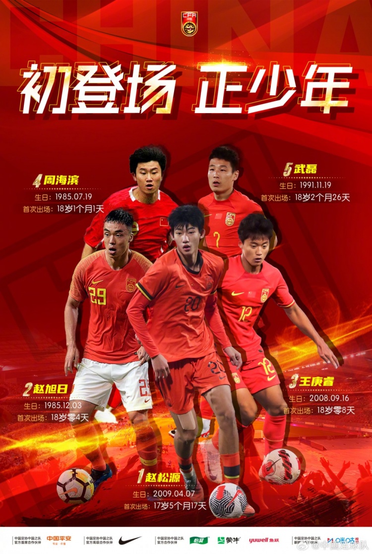 初登场,正少年!赵松源创造国足最年轻出场纪录!王庚睿名列第三