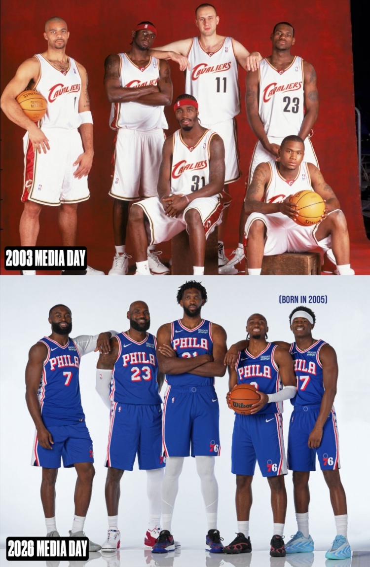 美媒晒詹姆斯03年合照：埃奇库姆在老詹参加了两个媒体日后才出生