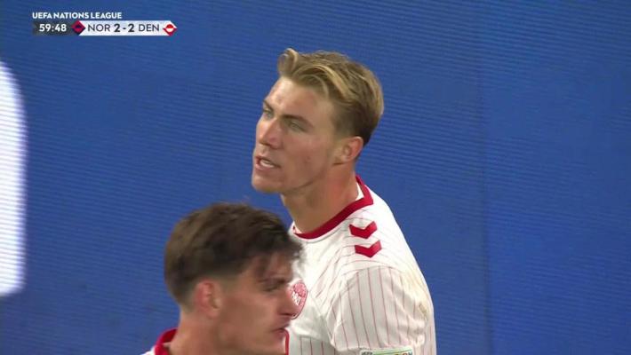 [进球视频] 丹麦2-2扳平挪威！尤尔曼头球被扑！霍伊伦跟进头球补射得手
